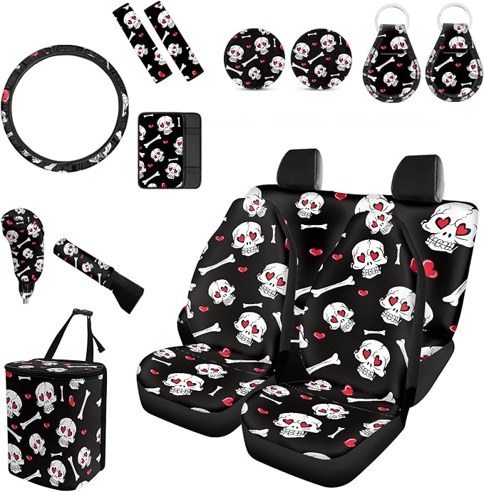 Forchrinse 14pcs Skull Car Seat Covers with Steering Wheel Cover+Armrest Cover+Seatbelt Covers+Handbrake Gear Shift Cover+Keychain+Coaster+Garbage Can