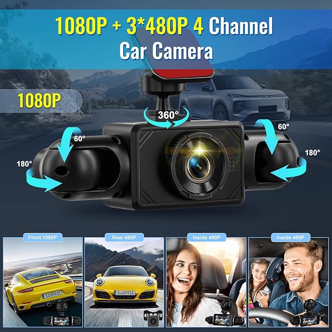 NHOPEEW 4 Channel Dash Cam 360° Front and Rear Inside Left Right, Dash Camera for Cars, Built-in Night Vision, Sensitive Motion Detection, Motion Detection, Parking Mode, Loop Recording + 32G TF Card
