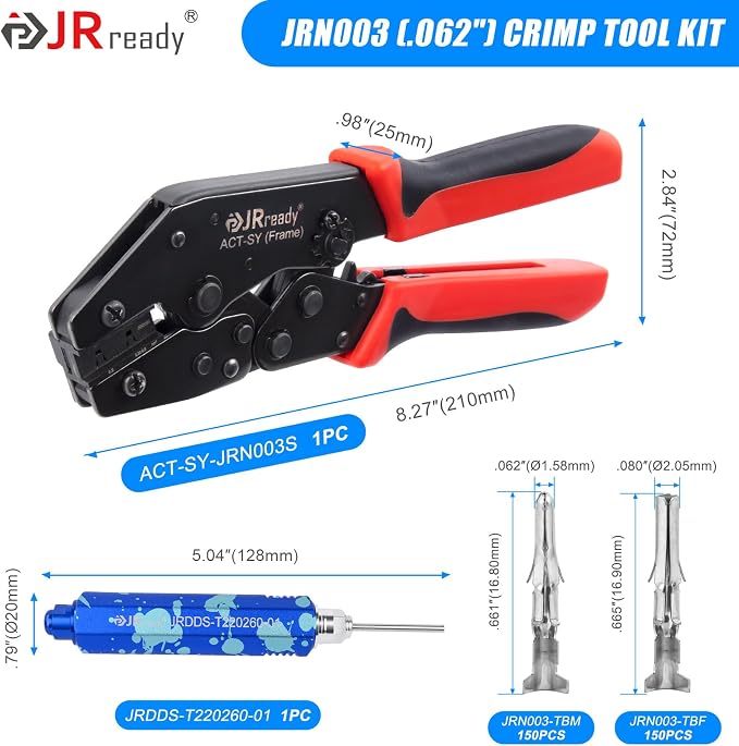 JRready ST6553 Crimping Tool ACT-SY-JRN003S Pin Extractor Tool Kit Male and Female Terminals 18-24AWG Wire Crimp Contacts Pin and Sockets Compatible with Molex .062” 3.68mm Pitch