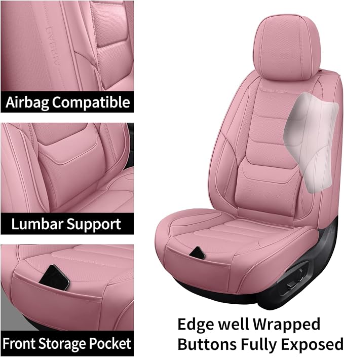 Leather Car Seat Covers Full Set Breathable Automotive Seat Covers Waterproof Seat Protectors Universal Fit for Most Automotive Cars SUV Trucks(Pink, Full Set)