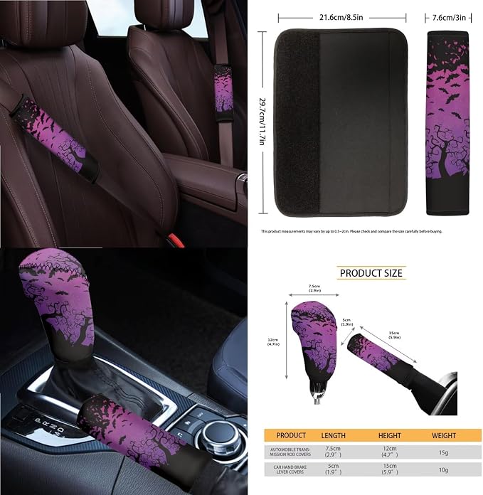 Car Seat Covers Front and Back Full Set with Steering Wheel Cover Armrest Cushion Safety Belt Pads Inside Rearview Mirror Cover Gear Shift Lever + Handbrake Protectors, Purple