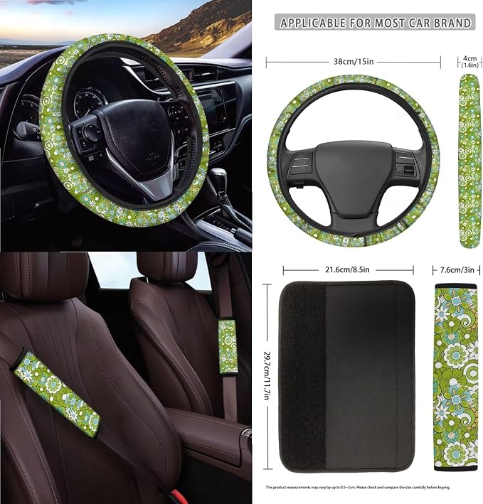 Hippie Flowers Green Print 15Pcs Car Seat Cover Full Set Car Steering Wheel Cover Seat Belt Cover Trash Bin Air Vent Storage Box Front Rear View Mirror Car Cup Holder Keychain
