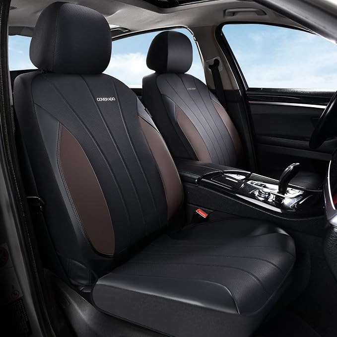Coverado Car Seat Covers Full Set, 5 Seats Waterproof Nappa Leather Automotive Seat Protectors, Front & Rear Luxury Mesh Seat Covers, All-Weather Universal Fit for Most Cars SUVs, Coffee&Black