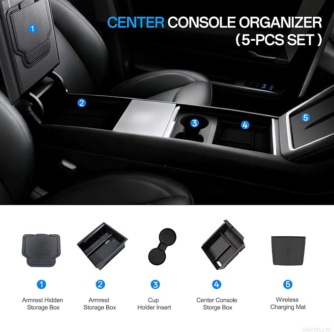 7PCS Center Console Organizer Tray for Tesla Model Y Juniper 2025 2026 Premium Performance Accessories Center Console Tray with Rear Seat Side Under Seat Box Center Console Set