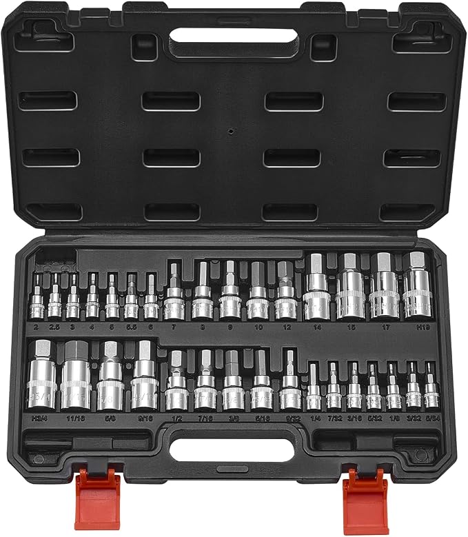 VEVOR Hex Bit Socket Set, 32-Piece, S2 Alloy Steel and Cr-V Steel, Standard SAE and Metric, 1/4 in, 3/8 in, and 1/2 in Drives, with Enhanced Storage Case, Allen Socket Set for Mechanics, Auto Repair