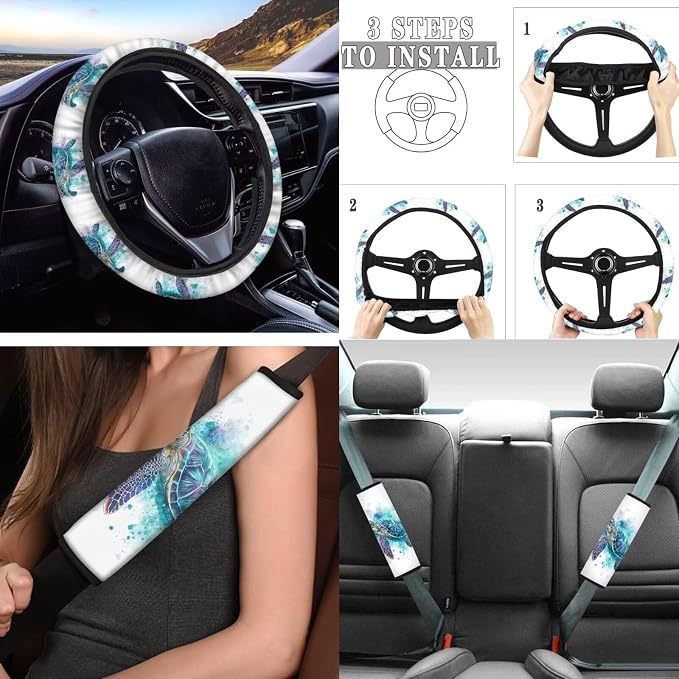 Tupalatus Turtle Car Seat Covers Set,Steering Wheel Cover+Gear Shift Knob Cover+Car Handbrake Cover+Seat Belt Shoulder Pads+Car Coaster Full Set 9, Auto Interior Accessories