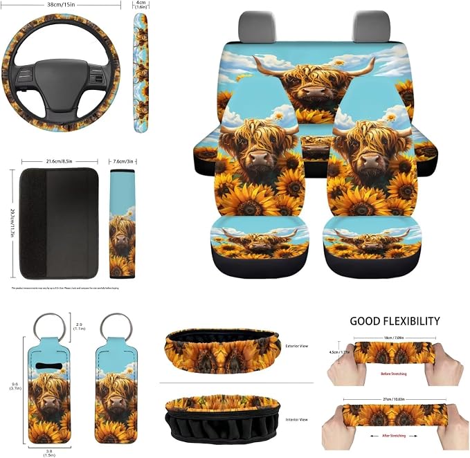 14Pack Highland Cow Sunflower Car Accessories for Women,Highland Cow Car Seat Covers Auto Steering Wheel Cover Seatbelt Pads Handbreak Cover Vehicle Coasters Keychain Mirror Cover