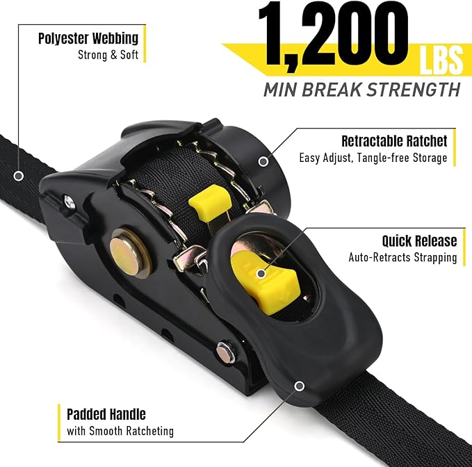 Stay There Retractable Ratchet Straps (2-Pack) - 1 Inch x 7 Feet (1200lb Break Strength) - Heavy Duty Auto Self Retracting Tie Down Straps for Truck, Cargo Trailer, Motorcycle & More - Black