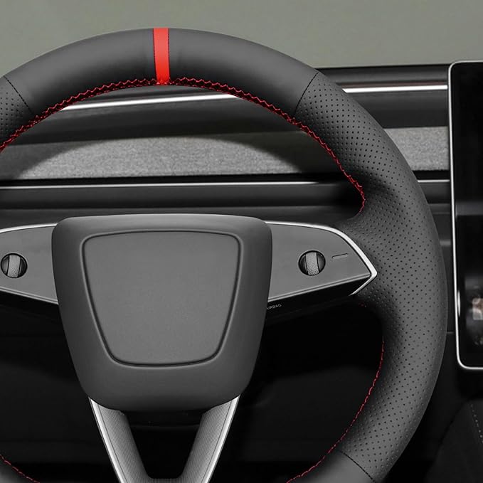 MEWANT Hand Stitched Matte Carbon Real Leather Steering Wheel Cover Wrap for Tesla Model 3 Highland 2023 2024 2025 Steering Wheel Accessories Red Marker