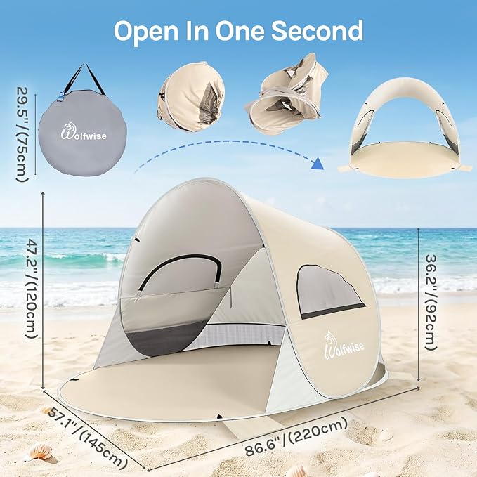 Wolfwise Pop up Beach Tent Sun Shelter with UPF50+ UV Protection, Instant Easy Setup Popup Beach Shade Canopy for 3 Person, Portable & Foldable with Carring Bag, 87 ×57×47 in, Beige