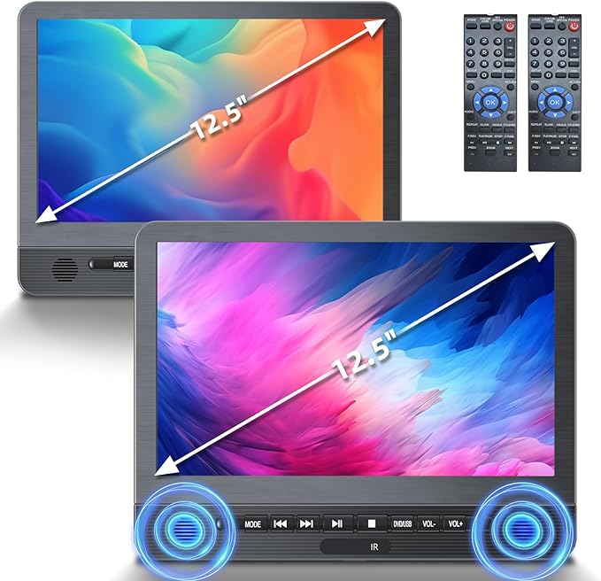 DESOBRY 12.5 Inch Dual Car DVD Player, Two 1080P HD Screens Play Different Movies Support USB/Sync TV, Region-Free for Backseat Headrest Travel Entertainment, Last Memory Function