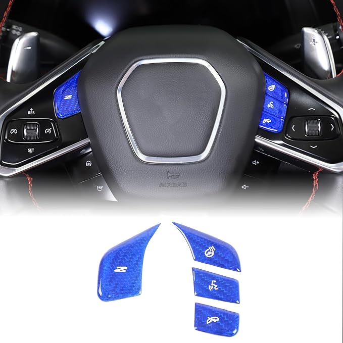 Fit for Corvette C8 2020-2024 Hard Carbon Fiber Central Control Steering Voice Button Sticker with Heated Button Protection Frame Molding Sticker Trim Interior Decal C8 Accessories (Blue)
