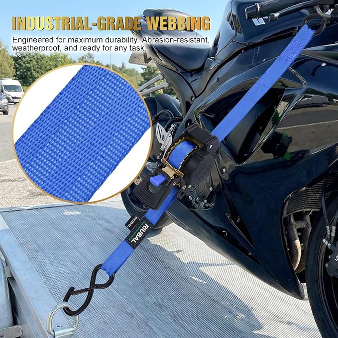 Retractable Ratchet Straps (4-Pack) - 1 Inch x 15 Feet (1,764lb Break Strength) - Auto Self Retracting Tie Down Straps Heavy Duty for Motorcycle, ATV, UTV, Truck, Cargo Trailer – Blue