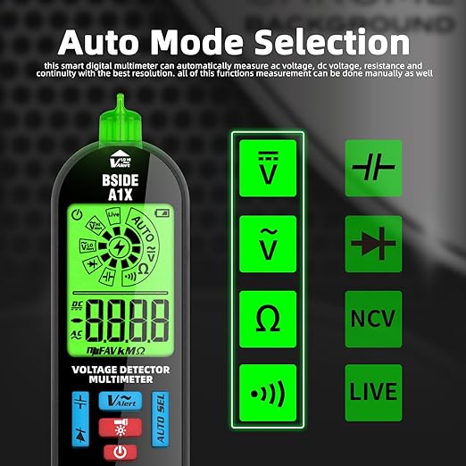 BSIDE Digital Multimeter Tester Rechargeable Electrical Voltmeter, Smart Mode with Red & Green Backlight, Measures Capacitance Diode Ohm Continuity V-Alert DC AC Voltage with Carrying Case
