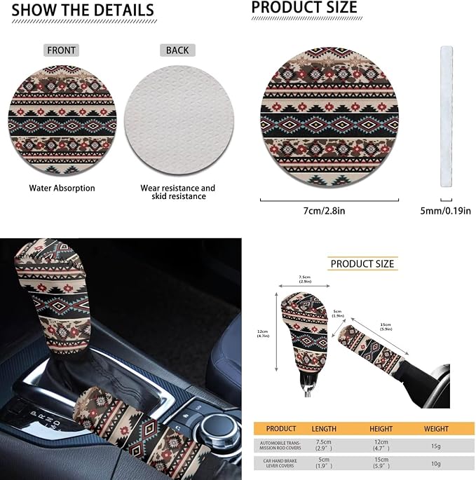 Dreaweet Southwestern Tribal Car Seat Covers Full Set Navajo Geometric Decor Front and Back Seat Covers with Steering Wheel Cover,Armrest Pads,Seat Belt Pads,Coasters,Gear Shift & Handbrake Cover