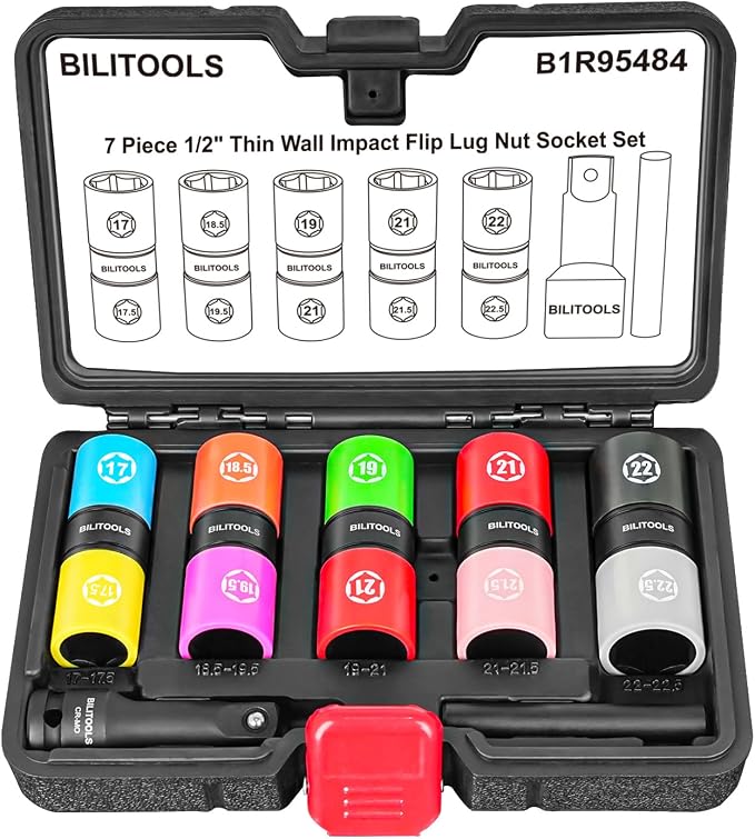 BILITOOLS 1/2 inch Drive Impact Flip Socket Set &Half Sizes Lug Nut Socket Set