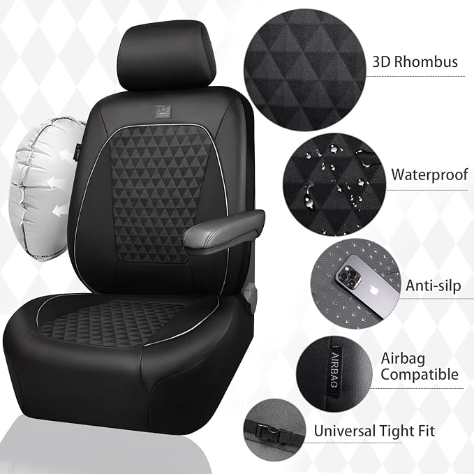 CAR PASS Leather Car Seat Covers Gel Wetsuit PU Full Set Seat Cover Waterproof EVA All Weather Neoprene Universal Fit Pickup SUV Truck Sedan Automotive, Armrest Airbag Compatible, Rhombic Silver Strip