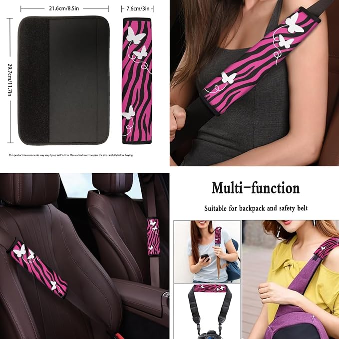 POLERO Butterfly on Zebra Car Seat Covers for Women Pink Car Accessories 11pcs Cute Steering Wheel Cover Set with Seatbelt Protector Pads