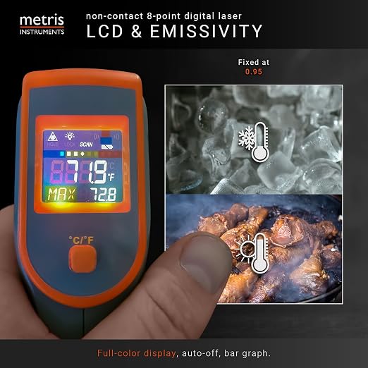 Digital Infrared Thermometer Gun Laser Temperature Gauge for Cooking, Grill, Pizza Oven, HVAC Tools, 8-Point, 76o to 932o F [-60o to 500o C] 12:1 D:S Ratio, Model TN418L1