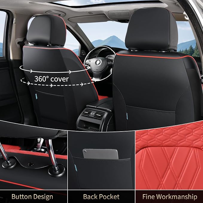 FLORICH Leather Front Seat Covers Red Car Seat Cover Breathable Waterproof Seat Cover for Cars Automotive Seat Covers 2 Front Seats Protector Universal Fit for Most Car Truck SUV, Black&Red