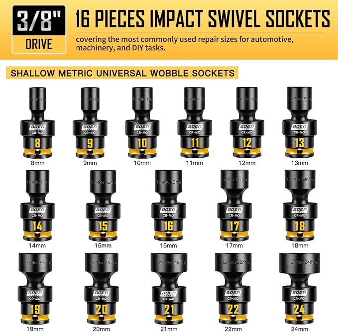 BOEN Pro 3/8 Inch Drive Impact Swivel Socket set, 16-Pieces 8-24mm, 6-Point Shallow Metric Universal Wobbly Sockets With Painted Marking, Cr-Mo, Include PP Case, Fit Into Tight and Narrow Spaces