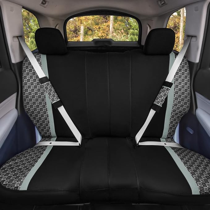 We Are Young Life is Fun™ Checker Car Seat Covers Universal Fit Interior Accessories Full Set Gray Seat Cover Combo Steering Wheel Cover and Seat Belt Pads, Airbag and Split Rear Car Seat Covers