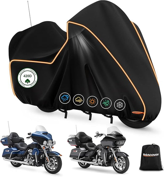 420D Motorcycle Cover for Harley Davidson Ultra Limited,Road Glide Limited,Gold Wing with Trunk Models Outdoor Bike Cover Windproof Heavy Duty Waterproof Protection Fits up to Motorcycles