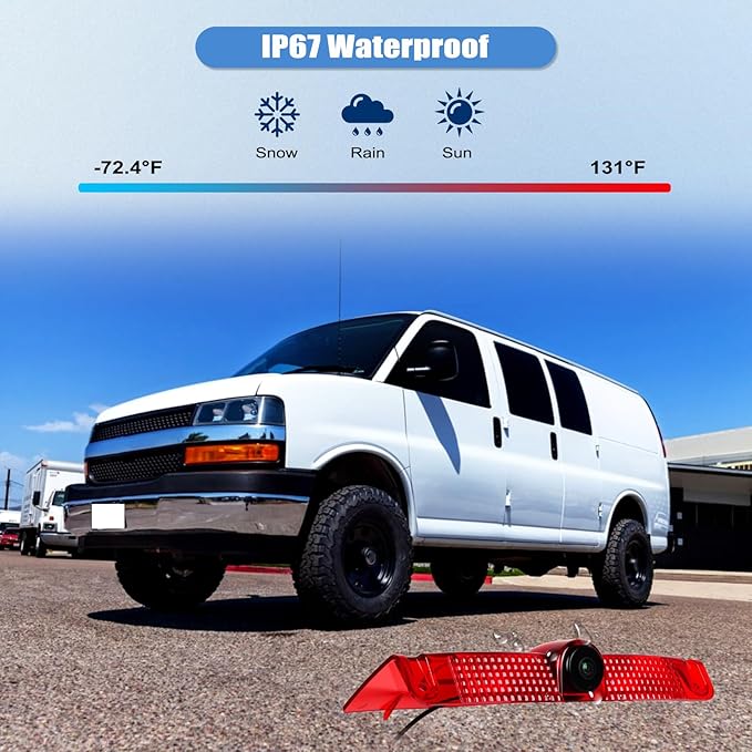 Camecho Top Rear Backup Camera Rear View Compatible for Chevy Express Van/GMC Savana Van 2003-2017 Van Truck AHD IR Night Vision Waterproof Roof Mount Reversing Brake Light Parking Assist Replaces