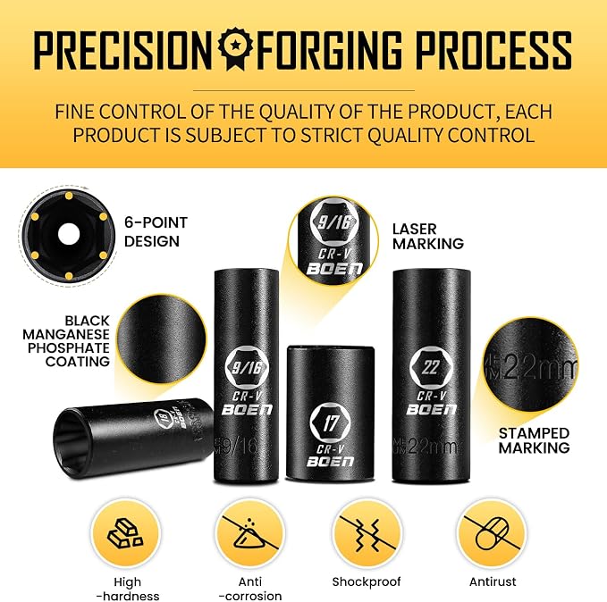 BOEN 3/8" Drive Impact Socket Set, 57-Piece Standard SAE (5/16 to 3/4 inch) and Metric (8-22mm), Include Ratchet Handle, Extension Bar, Universal Joint, Adapter, and Additional 5 10mm Sockets