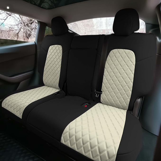 FH Group Custom Fit Car Seat Covers Specifically Made for 2020-2025 Tesla Model Y Ultraflex Neoprene Water Resistant Automotive Seat Covers - Rear Set Beige