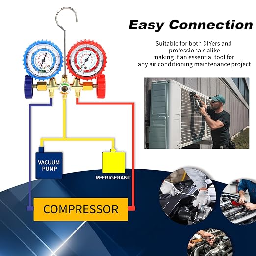 PB Motor Tech AC Diagnostic Manifold Gauge Set for R134A, R12, R22, R502 Refrigerants, Includes 4FT Three-Color Hoses and 2 Quick Couplers - Automotive & Household AC Maintenance