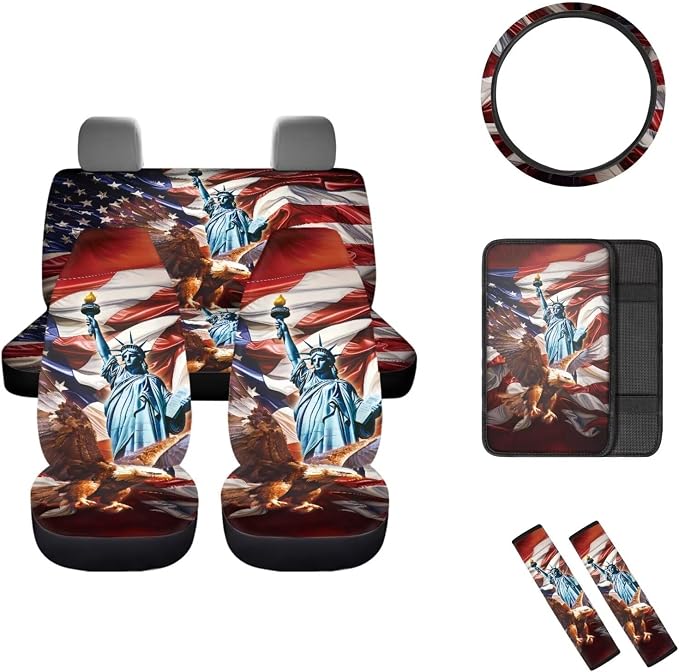 Mumeson State of Liberty Eagle 8 Pieces Set Car Seat Covers Car Seat Covers with 1 Pair Car Seatbelt Covers Soft Shoulder Cushion Pad Rubber Steering Wheel Covers Car Armrest Cover