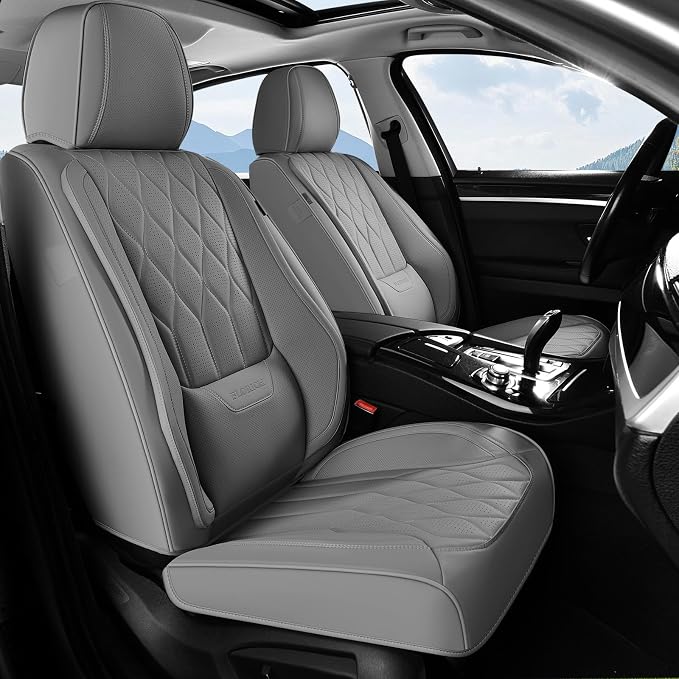 FLORICH Leather Car Seat Covers Full Set Automotive Seat Covers Waterproof Car Seat Cover with Lumbar Support Interior Cover for Front Seat and Back Universal Fit for Most Cars Sedans Trucks SUV, Gray
