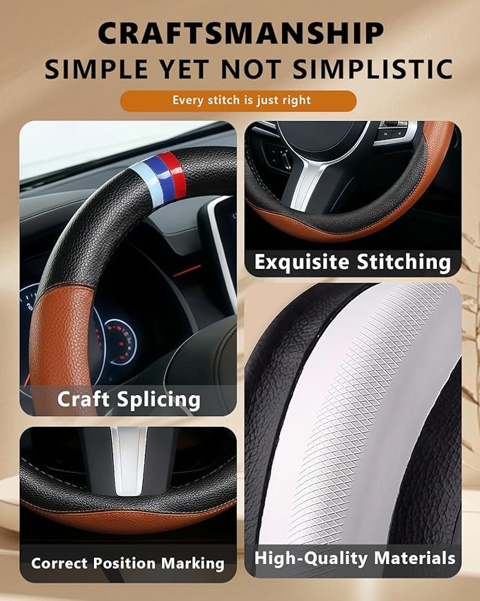 Steering Wheel Cover for BMW Leather Car Steering Wheel Covers Universal for Car SUV Truck with Anti-Slip Lining 14.5-15inch (Brown)