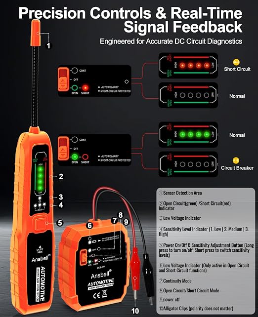 Automotive Circuit Tracer & Short Open Finder, DC 6-42V Professional Electrical Wire Tracer with Tone Generator, Diagnostic Tool for Cars, Trucks, DIY Repair