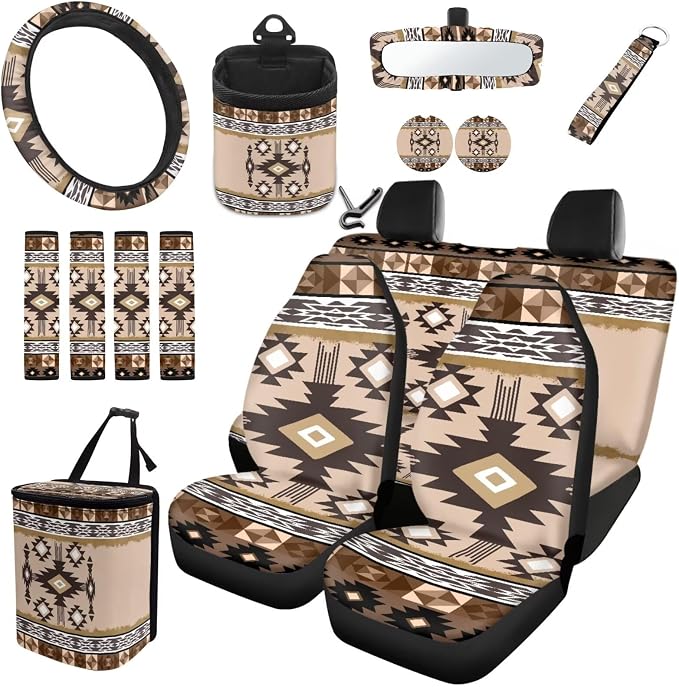 XYZCANDO Aztec Tribe Car Interior Sets 15 PCS Car Seat Cover Set Steering Wheel Cover Storage Box Garbage Bag Seat Belt Pads Cover Car Rear View Mirror Cover Coasters Keychain for Sedans Van SUV