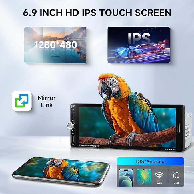 6.9'' Single Din Car Stereo with Wireless CarPlay Android Auto, 1280 * 480 HD Touchscreen Radio Bluetooth 5.2, Mirror Link, FM, SWC, Type C/USB Charging + Backup Camera+ Mic