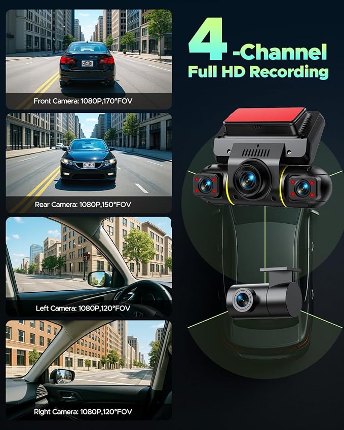 LAMTTO 360 Degree View 4 Channel Dash Cam Front and Rear Inside 5G WiFi Dash Camera for Cars APP Control 8 IR Night Vision 24H Parking Monitor with Hardwire Kit, G-Sensor, Included 128GB Card