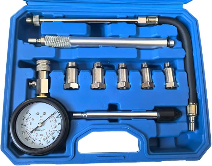 11PCS Engine Cylinder Compression Tester Kit, 0-300 PSI/0-20 Bar Gasoline Fuel Pressure Gauge Tool with M10 M12 M14 M16 M18 Adapters for Car Motorcycle ATV(11PCblue)