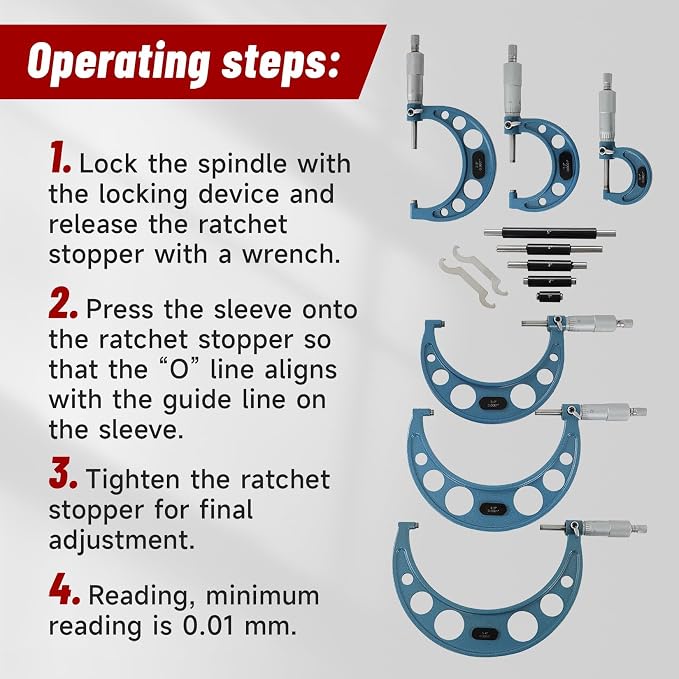 findmall 0-6" Outside Micrometer Set (0-1", 1-2", 2-3", 3-4", 4-5", 5-6"), 0.0001" Accurate Carbide Ratchet Handle Accuracy Machinist Tool Set with Carbide Tip
