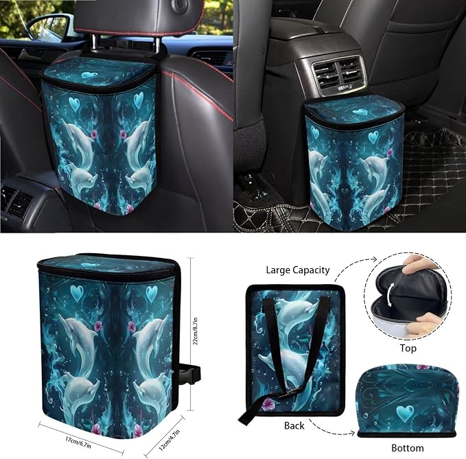 Flower Dolphin Car Seat Cover Full Set 15 PCS, with Steering Wheel Cover Seat Belt Pad Garbage Bag Air Vent Bag Rearview Mirror Cover Coaster Key Chain Universal Fit for SUV