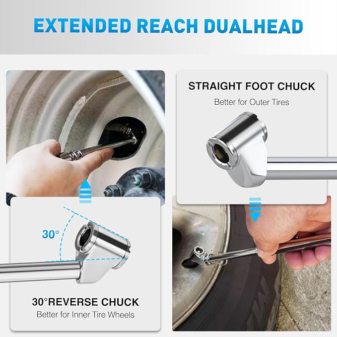 Nilight Dual Head Tire Pressure Gauge Heavy Duty Truck Air Chuck Range 10-150PSI 1-10Bar Tire Pressure Checker Straight-On Tire Air Gauge Extended Tube for Semi Truck, RV, Car, Motorcycle
