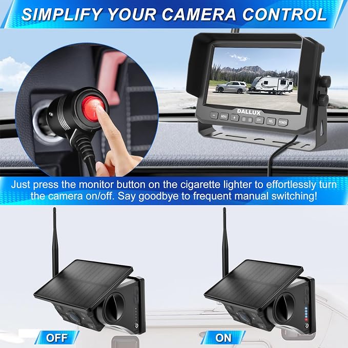 DALLUX Solar Wireless Backup Camera Monitor System Kit, 7 inch DVR Monitor+HD IP69K Waterproof Night Vision Rear View Reverse Camera for Van Trailer 5th Wheel Pickup RV Campers Motor Home