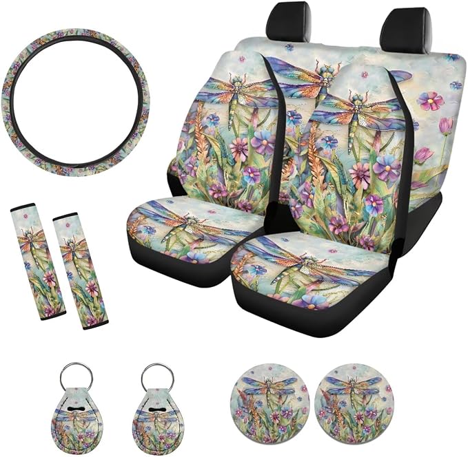 Suobstales Dragonfly Daisy Flower Print Car Seat Cover Front Back Split Bench Protector for SUV Truck Van, 15 Inch Steering Wheel Covers, Seat Belt Covers, Coasters, Keychain Auto Decor for Women Men