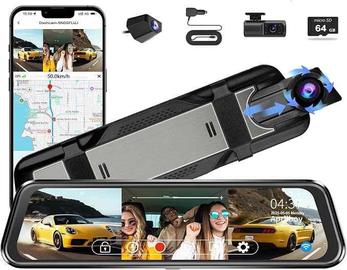 3 Channel Mirror Dash Camera for Cars,9.66" Triple Rear View Mirror with Front 4K/3K, Inside and Rear 1080P with WiFi, G-Sensor, Night Vision, Reverse Assist, Parking Monitoring (Include 64GB Card)