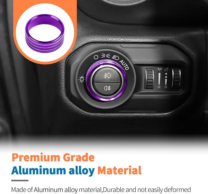 JeCar 8-Piece Aluminum Switch Button Knob Covers for 2018-2025+ Jeep Wrangler JL JLU & Gladiator JT Window Switch Button Cover, Radio, Air Conditioner, Headlight Switch Knob Cover (Purple)