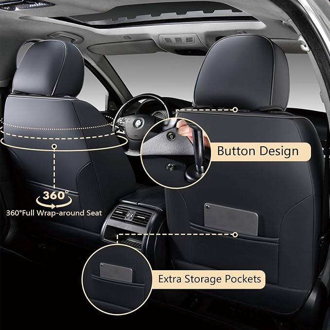 FLORICH Seat Covers, Black Car Seat Cover Full Set, Luxury Faux Nappa Leather Automotive Seat Protectors, Car Seat Cushions Universal Fit for Most Sedans SUVs Trucks - Black