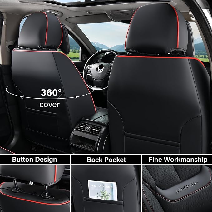 Coverado Universal Seat Covers Front, 2-Pack Universal Seat Covers for Cars, Waterproof Nappa Leather Car Seat Covers with Head Pillow, Auto Protectors Fit for Most Sedans Pick-up Truck-Black&Redline