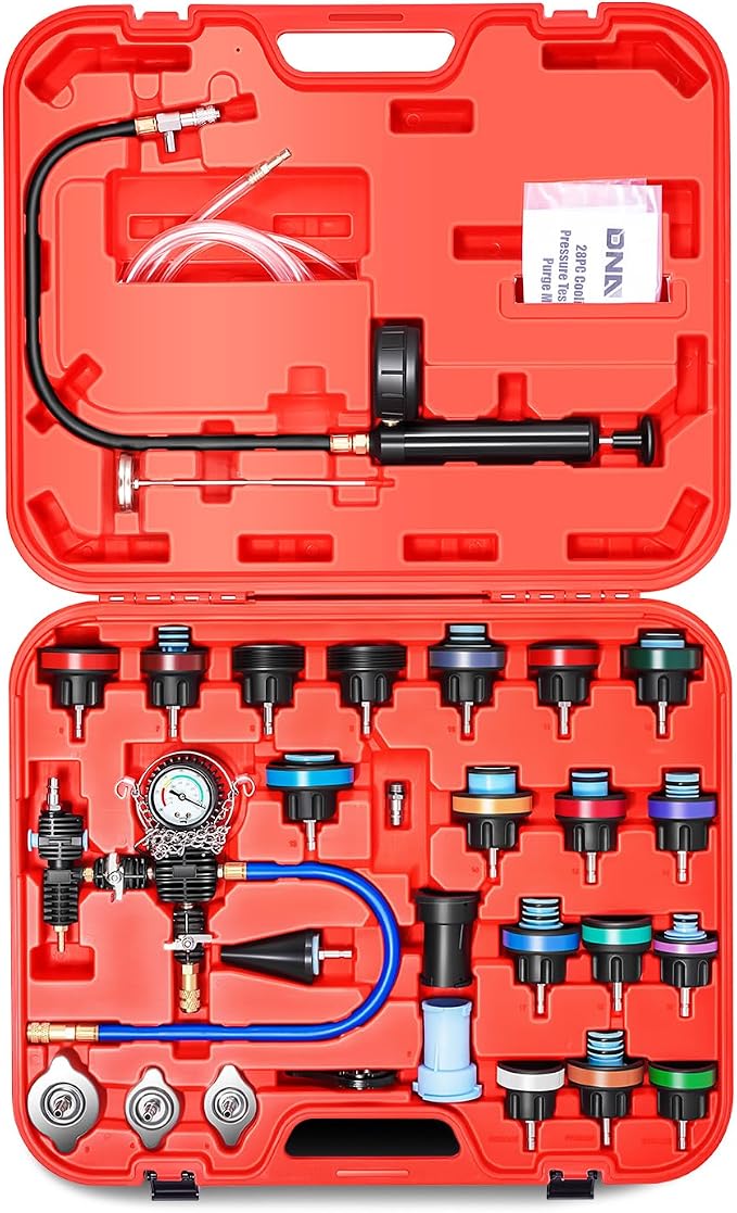 DNA MOTORING 28pcs Radiator Coolant Pressure Tester Vacuum Refill Tool Kit for Most Vehicles,with Carrying Case,Red,TOOLS-00315