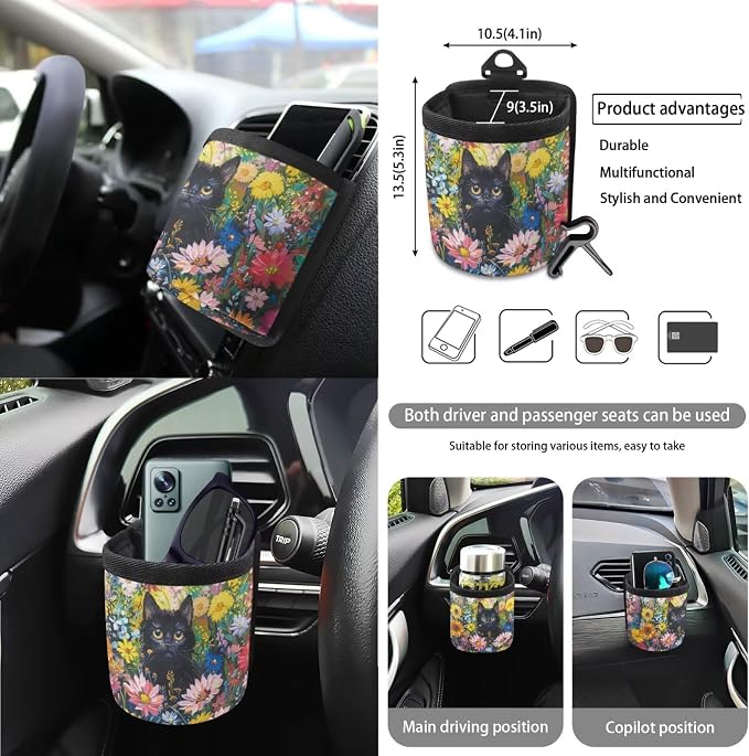 Cat Daisy Print Car Seat and Steering Wheel Cover Set with Safety Belt Pads Inside Rearview Mirror Cover Cup Cushions Trash Bin Car Vent Storage Pouch Key Chain Universal Fit